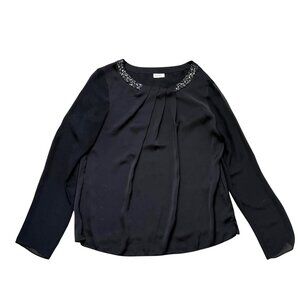 DKNY Women's Blouse Black Chiffon Embellished Beaded Neckline Long Sleeve Career